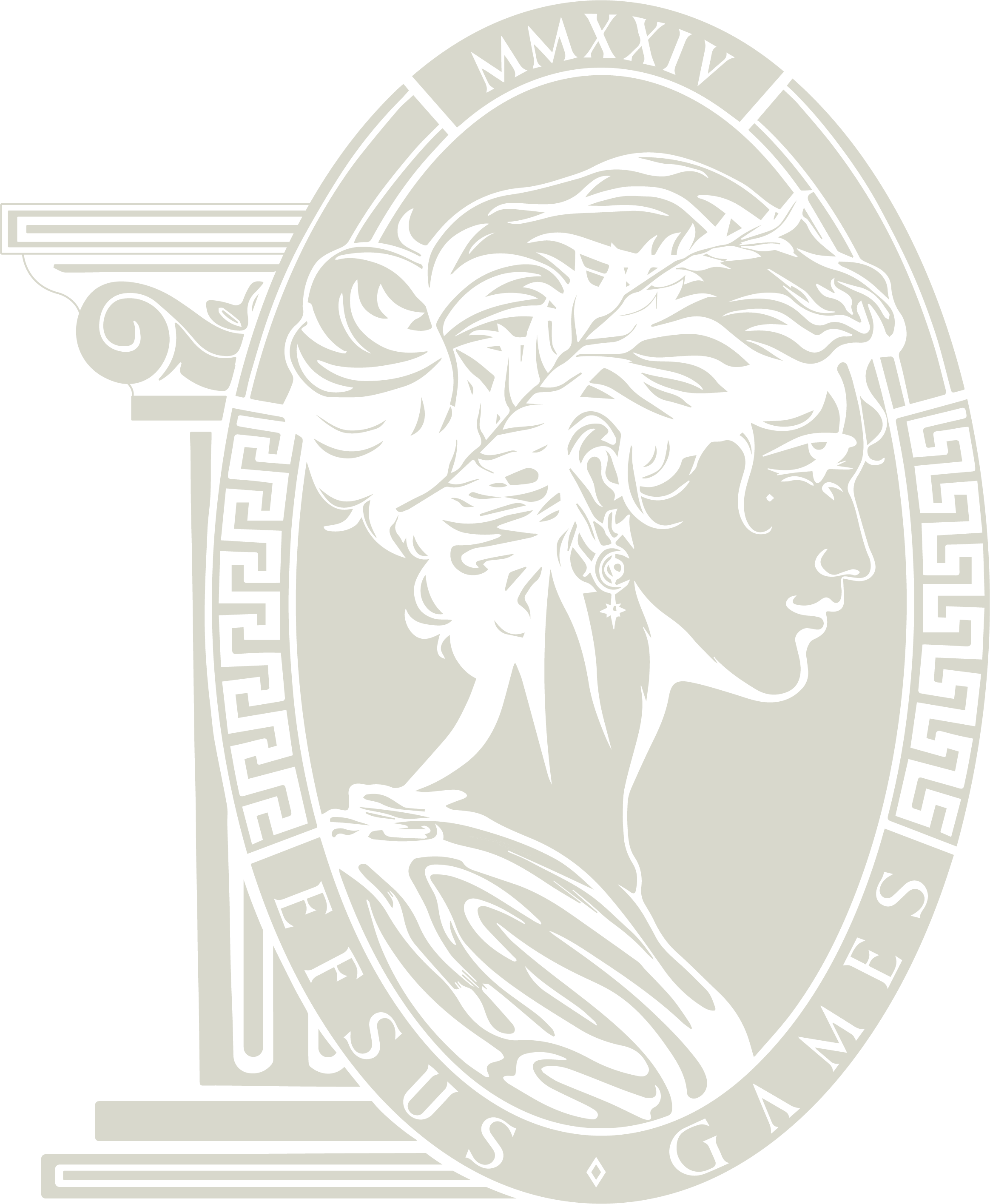 The Efsus Games mark: a laurelled profile in an oval frame beside an Ionic column, dated MMXXIV.