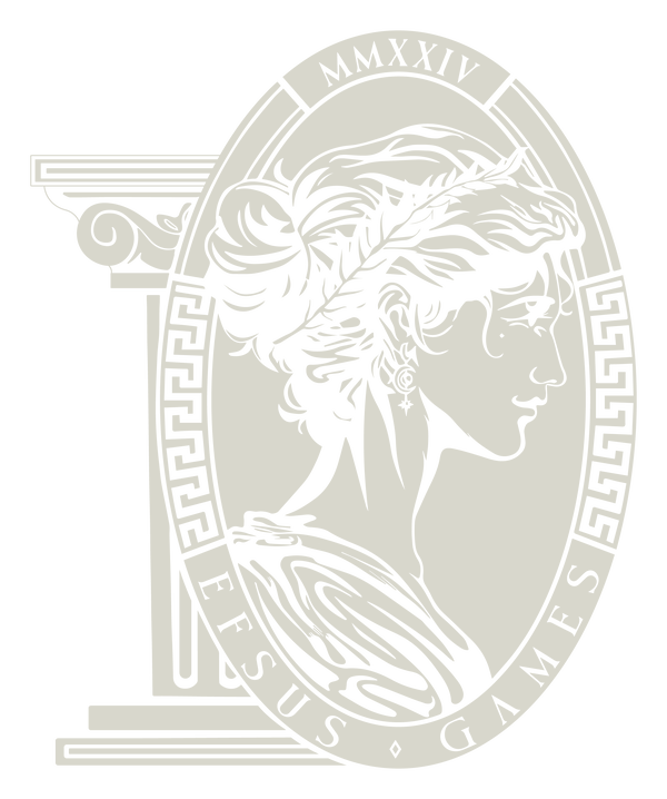 The Efsus Games mark in bone: a laurelled profile in an oval frame beside an Ionic column.