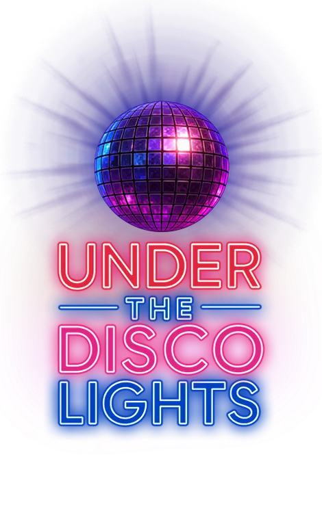The Under the Disco Lights logo: a mirror ball above the game's name in red, pink and blue neon letters, one word to a line.