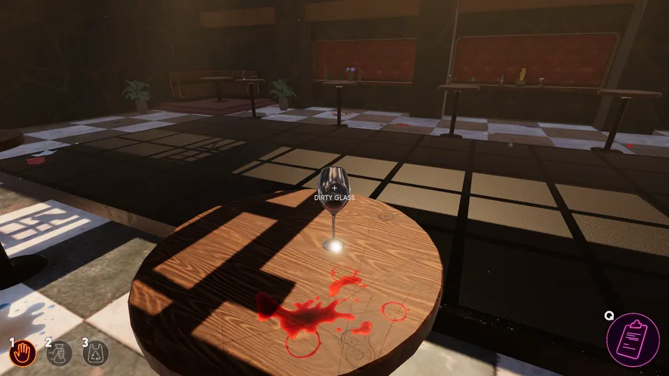 A dirty glass on a round wooden table beside a red spill, waiting to be cleaned up.