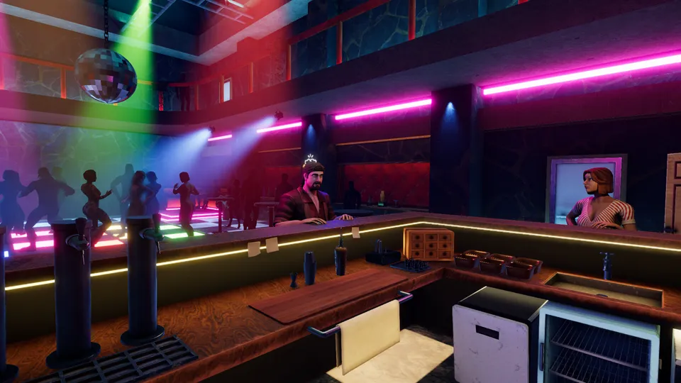 The bar at night: two customers wait at the counter while a crowd dances under coloured spotlights.