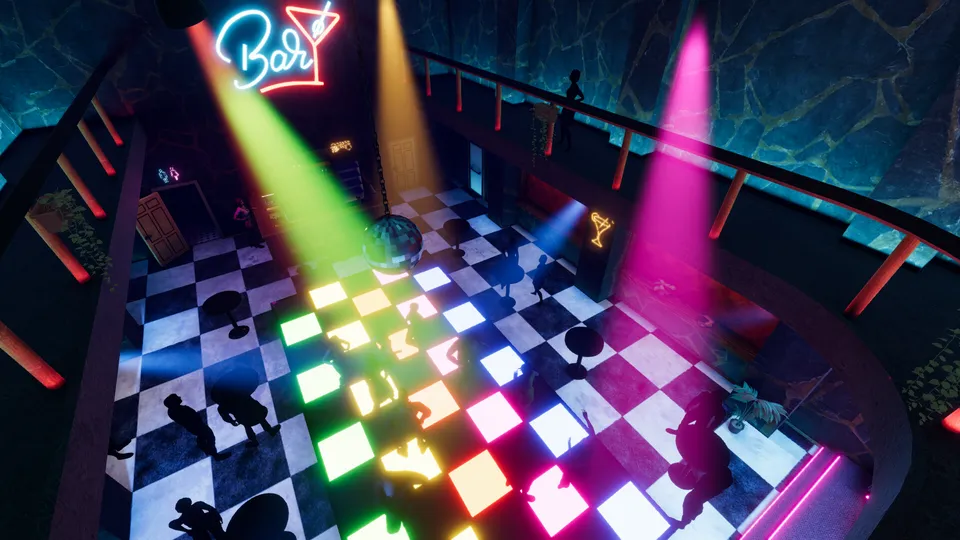 The dance floor seen from the balcony: lit floor tiles, spotlights and a neon Bar sign.