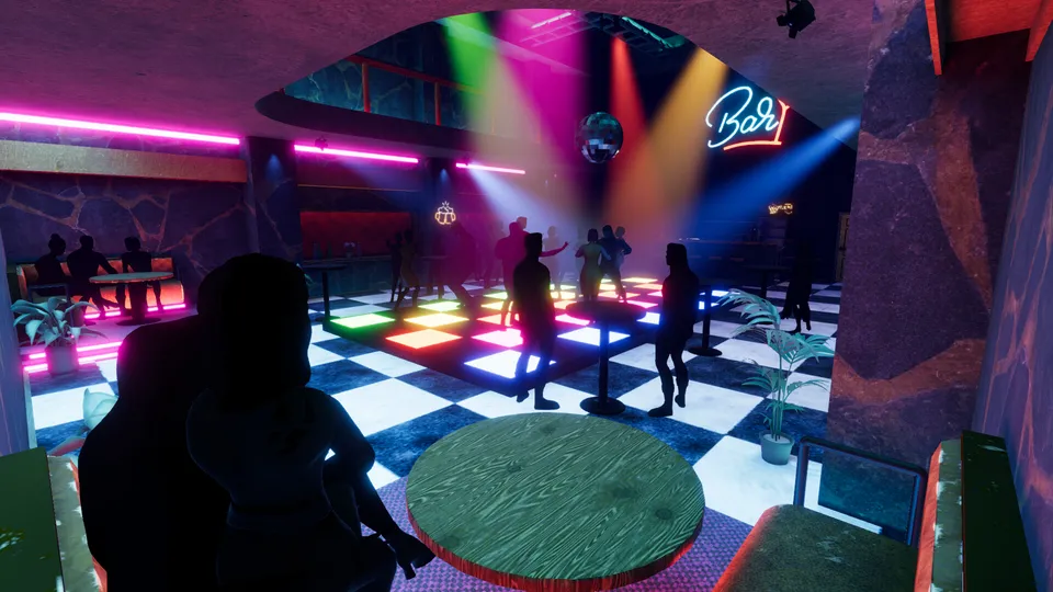 The dance floor seen from a booth: silhouettes dance under the mirror ball and the neon Bar sign.